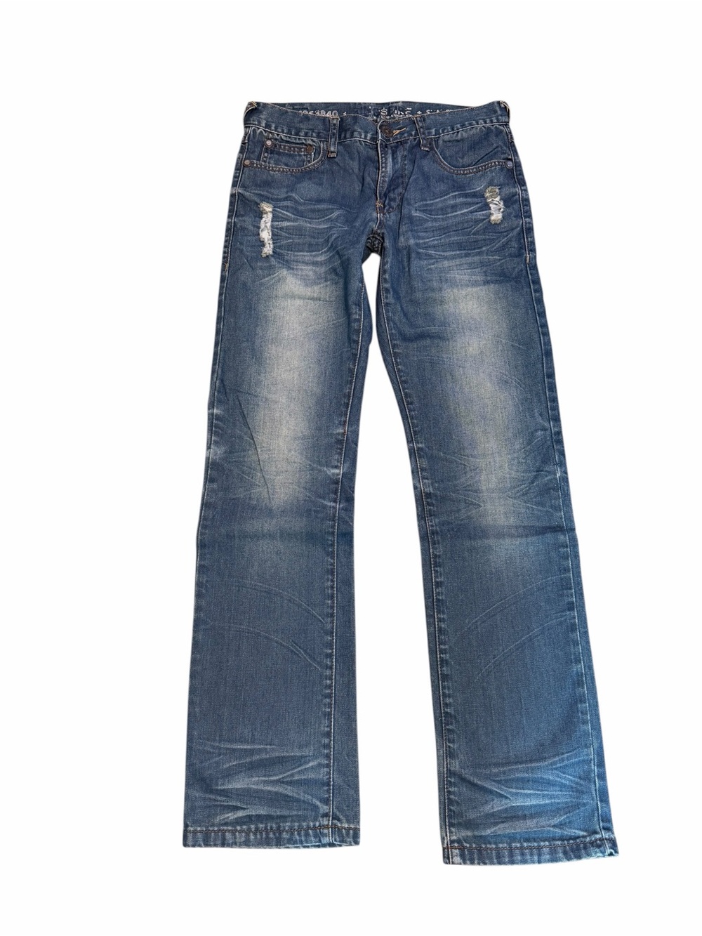 Y2K Distressed Straight Jeans Ring of Fire Mens 30x32 Whiskered Denim